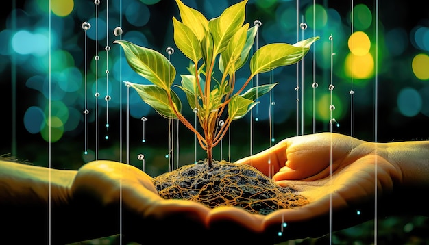 Unire tecnologia e vita vegetale Piante cibernetiche Future piantine coltivazione di foglie IA generativa