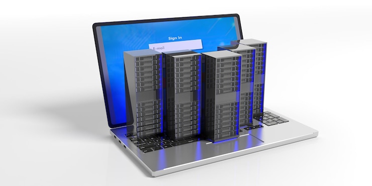 Foto unità di archiviazione del server del computer e laptop su sfondo bianco 3d'illustrazione