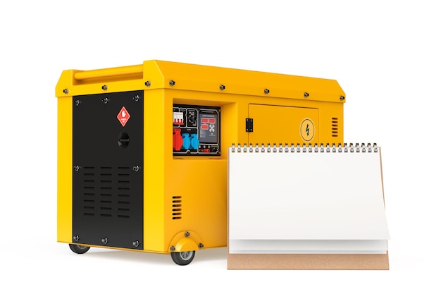 Unità diesel del generatore elettrico ausiliario esterno grande giallo per uso di emergenza con calendario a spirale da scrivania in carta bianca Rendering 3d