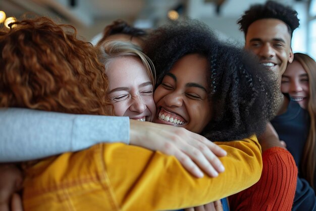 Unità nella diversità CloseUp di un gruppo di amici che si abbracciano in un ufficio moderno che enfatizza l'inclusività e il cameratismo