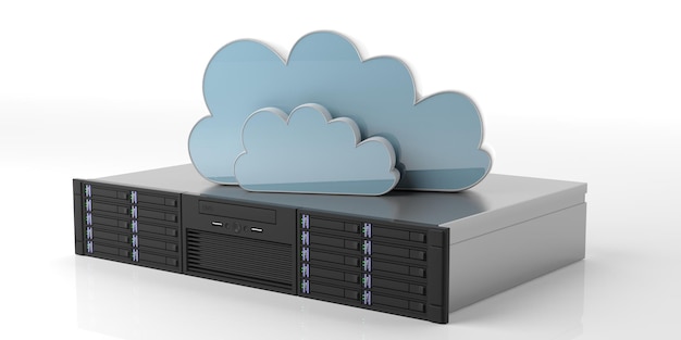 Unità server del computer e cloud di archiviazione su sfondo bianco 3d'illustrazione