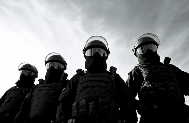 Unità speciale di polizia ufficiale della squadra SWAT in piedi in fila squadra mascherata di agenti di polizia SWAT armati