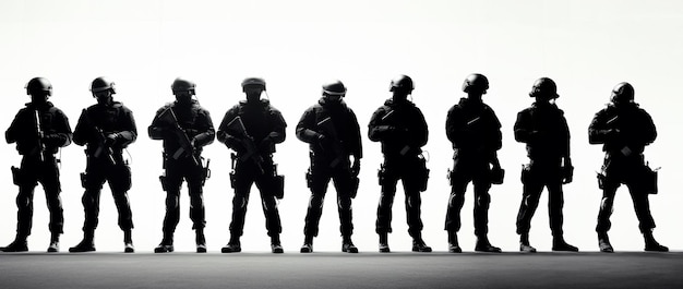 Unità speciale di polizia ufficiale della squadra SWAT in piedi in fila squadra mascherata di agenti di polizia SWAT armati