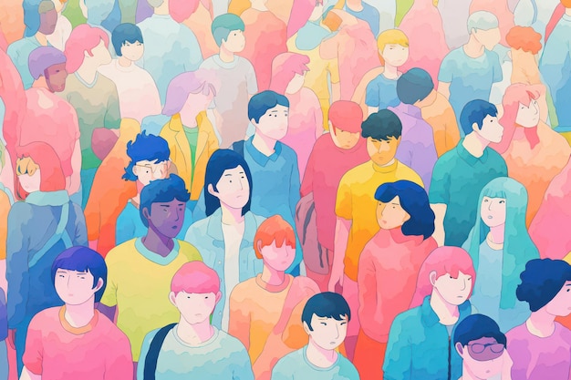 United Faces Diverse Group of Young and Mature Men and Women in a Colorful Cartoon Pattern Illustrazione di una comunità socialmente connessa su uno sfondo senza cuciture