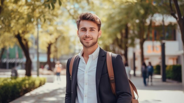 Università Sorridente giovane studente uomo che tiene un libro e una borsa su uno sfondo universitario Giovane