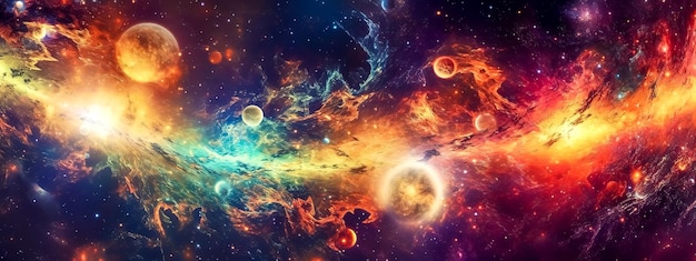 Universo con banner della via lattea di stelle e pianeti con spazio di copia realizzato con intelligenza artificiale generativa