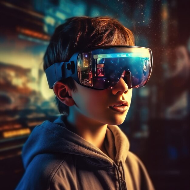 universo e tecnologia da adolescente che guarda al futuro lavorando nel mondo virtuale