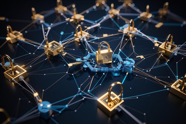 Unlocking Trust Un'allegoria visiva della sicurezza e della trasparenza della blockchain, chiave e simbolo di blocco sovrapposti su una rete di nodi interconnessi