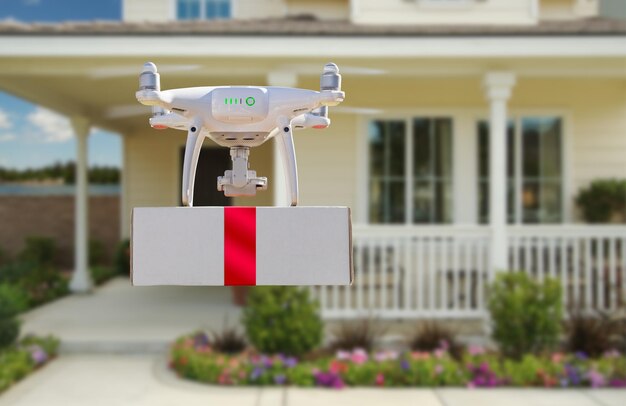 Unmanned Aircraft System UAV Quadcopter Drone Delivery Box con nastro rosso per casa