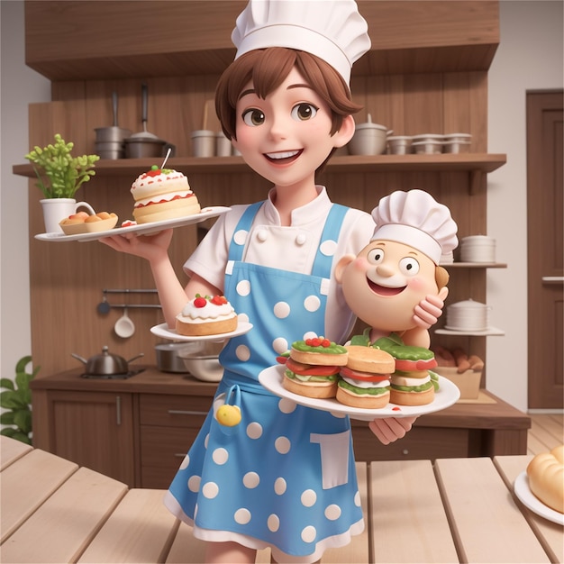 uno chef cartone animato con un vassoio di cibo e una bambola con la faccia giocattolo.