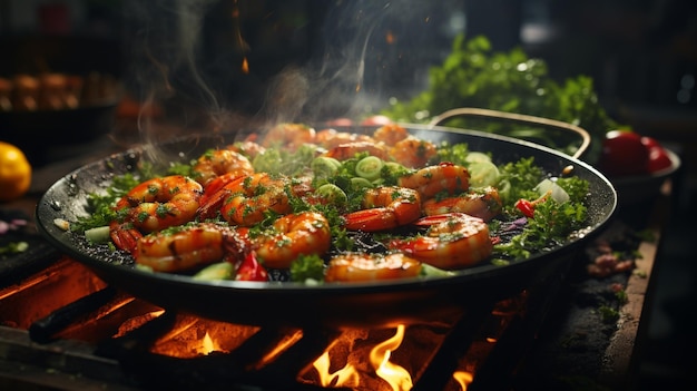 Uno chef che cucina i gamberi in una padella con il fumo che ne esce