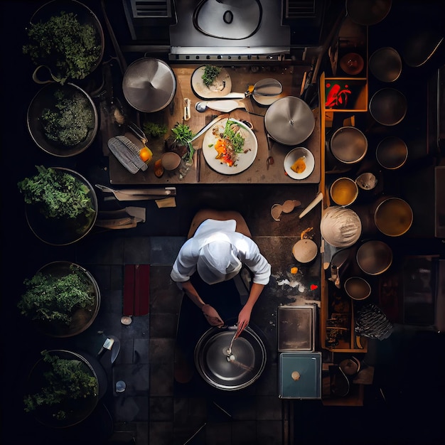 Uno chef che cucina in una cucina con pentole e padelle