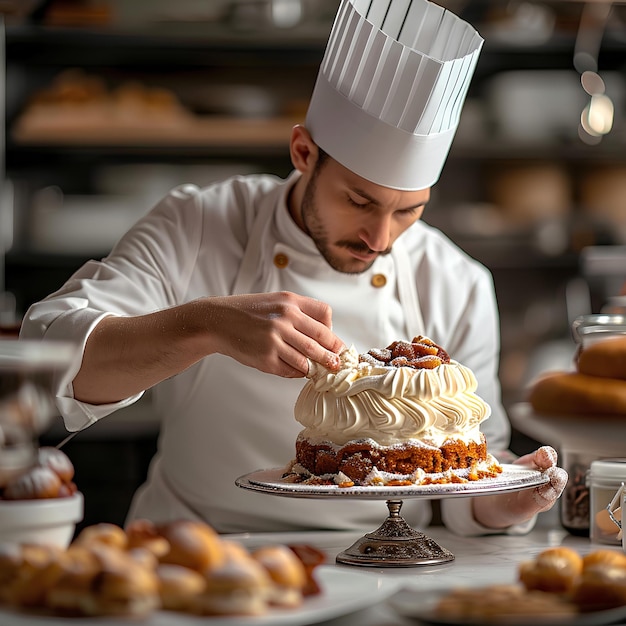 Uno chef che decora una torta