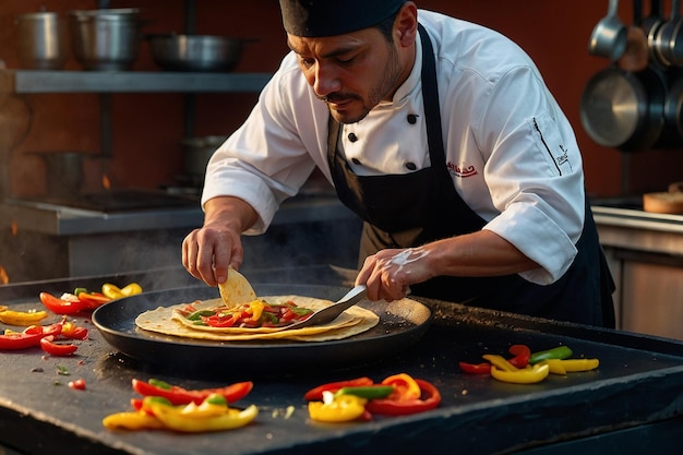 Uno chef che gira le tortilla su una griglia calda per servire