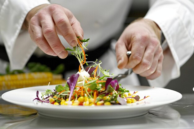 Uno chef che incorpora mais fresco in un'insalata colorata