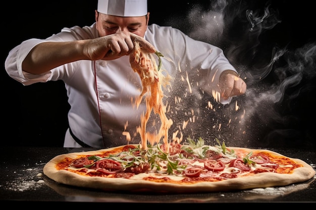 Uno chef che lancia in mano la pasta della pizza coperta di carni salate