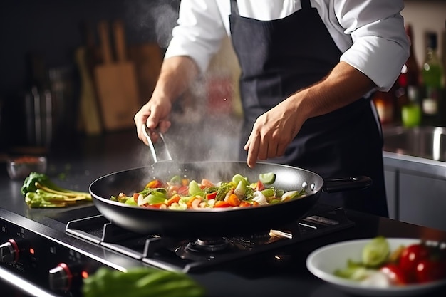 Uno chef che prepara abilmente il cibo in una cucina affollata mostrando esperienza culinaria e passione