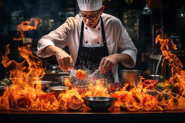 Uno chef che prepara gamberi ubriachi fiammeggianti