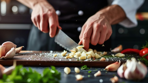 Uno chef che taglia l'aglio su una tavola di legno
