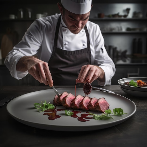 Uno chef che taglia la carne con coltello e forchetta.