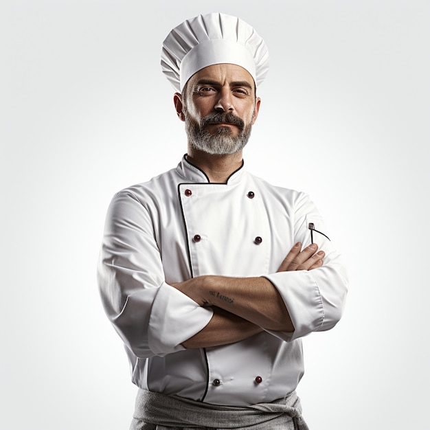 uno chef con la barba e i baffi in piedi davanti a uno sfondo bianco.