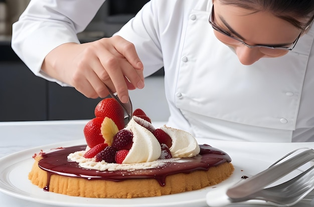 Uno chef di dessert che crea un disegno intricato