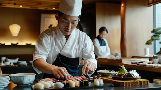 Uno chef di sushi sta preparando un piatto di sushi. Sta accuratamente tagliando il pesce e sistemandolo sul piatto.