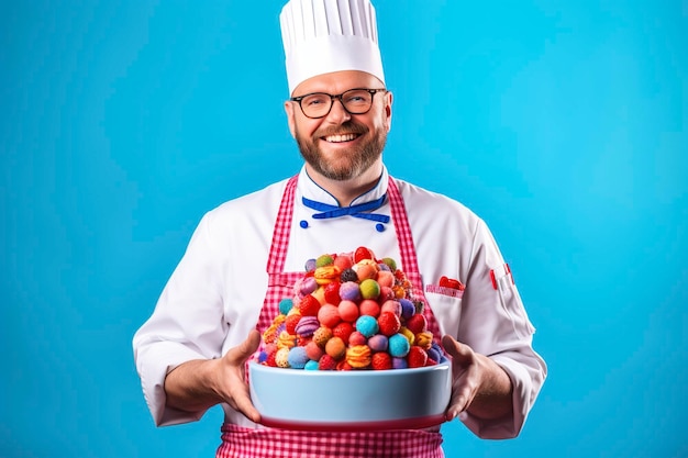 Uno chef divertente mostra con orgoglio le sue torte appena preparate circondate da uno sfondo vibrante e colorato generato dall'IA