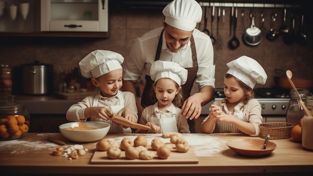 Uno chef e bambini che cucinano in una cucina