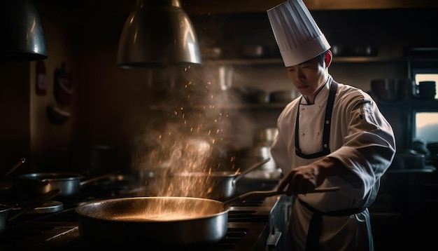 Uno chef esperto che prepara un pasto gourmet nella cucina commerciale generata dall'intelligenza artificiale