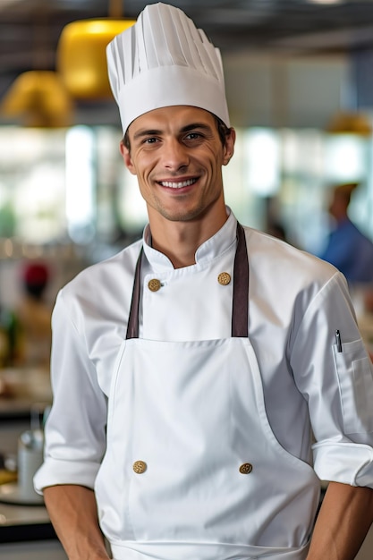 Uno chef in piedi in un ristorante che indossa un cappello bianco e un grembiule