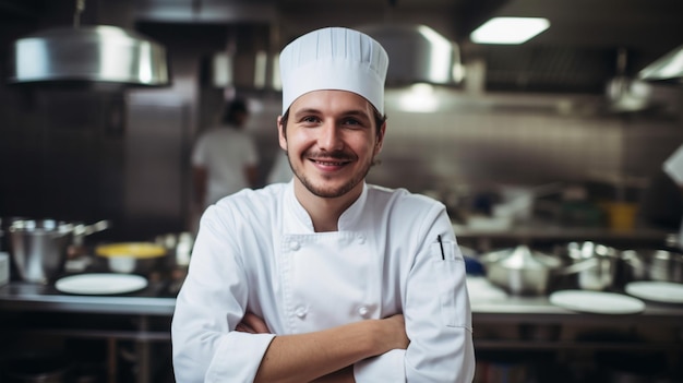 Uno chef in un ristorante con le braccia incrociate