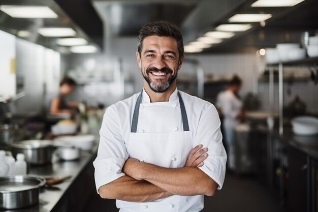 uno chef in una cucina che sorride alla telecamera