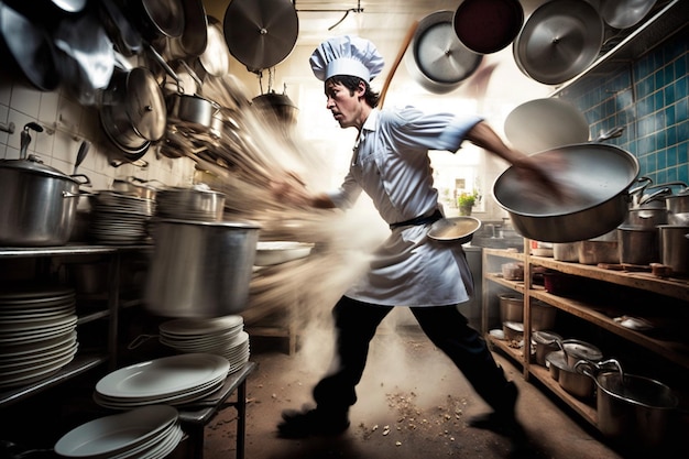 Uno chef in una cucina con pentole e padelle