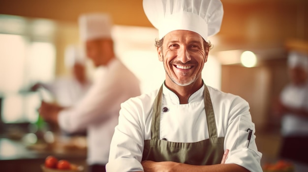 Uno chef maschio sorridente in cucina