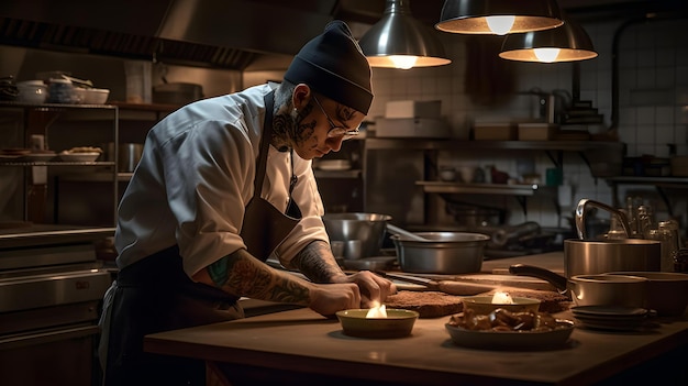 Uno chef prepara il cibo in una cucina con una luce accesa sopra di lui.