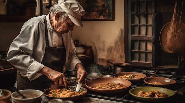 Uno chef prepara il cibo in una cucina con una padella di cibo.