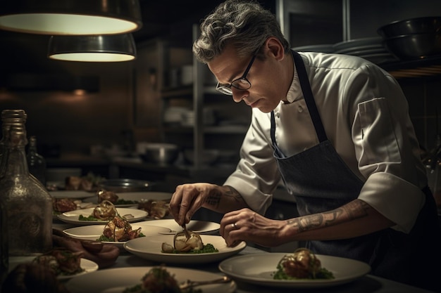 Uno chef prepara il cibo in una cucina.