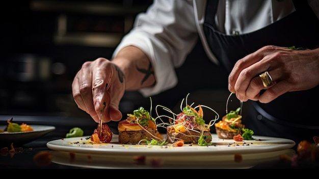 uno chef prepara il cibo su un piatto con coltello e forchetta.