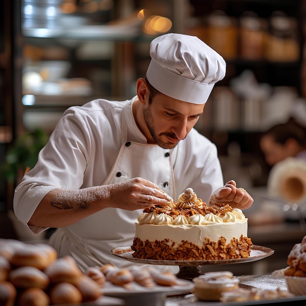 Uno chef prepara una torta per una panetteria