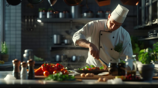 Uno chef professionista che prepara un pasto gourmet in una cucina ben attrezzata 4k astratto geometrico immagine chiara AI Generative