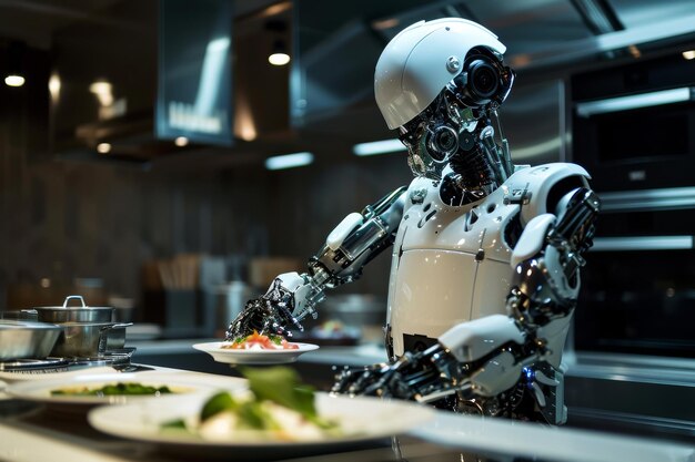 Uno chef robot che prepara un pasto a cinque stelle generato dall'AI