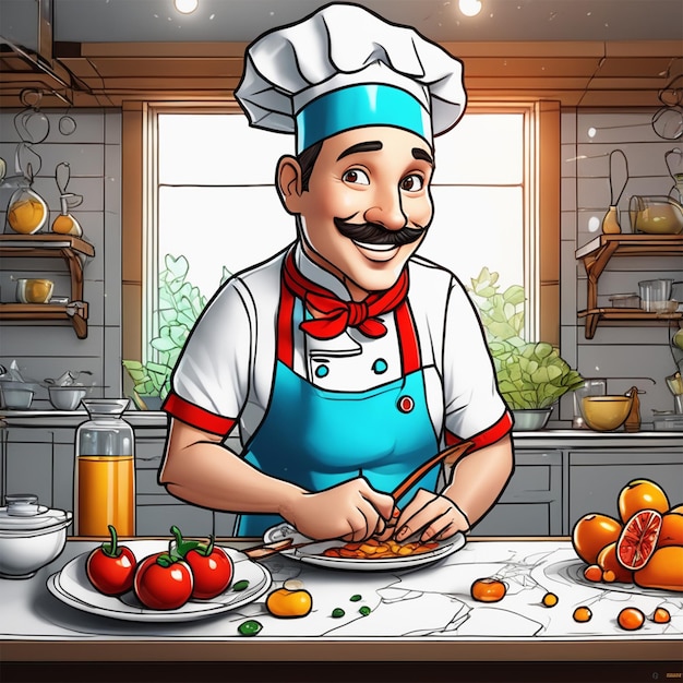 Uno chef simpatico cartone animato disegno semplice sfondo trasparente effetto vetro rotto senza sfondo stordente