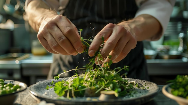 Uno chef spruzza accuratamente microgreen su un piatto di cibo aggiungendo il tocco finale a un delizioso pasto