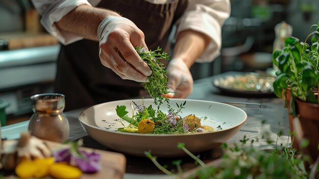 Uno chef sta accuratamente aggiungendo gli ultimi tocchi a un piatto garnendolo con erbe fresche