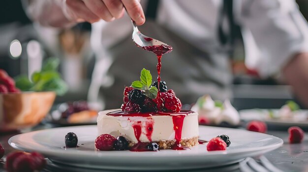 Uno chef sta preparando un dessert il dessert è un cheesecake con bacche e una salsa rossa lo chef sta versando la salsa rotta sul cheesecak