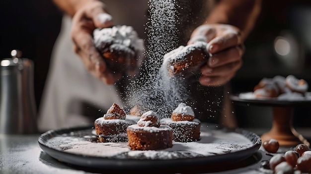 Uno chef sta spruzzando zucchero in polvere su un piatto di cupcake al cioccolato. I cupcake sono coperti di panna montata e trucioli di cioccolata.