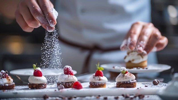 Uno chef sta spruzzando zucchero in polvere su un piatto di mini pasticci i pasticci sono coperti di panna montata e lamponi