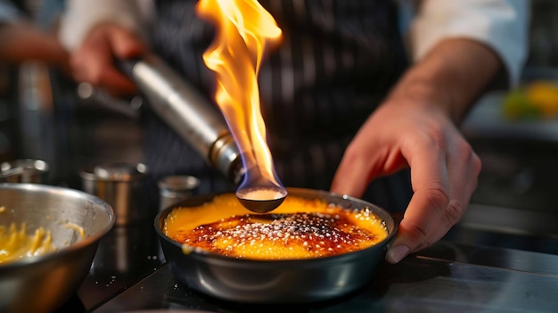 Uno chef sta usando una torcia di cucina per caramellare lo zucchero sopra una crema brulee