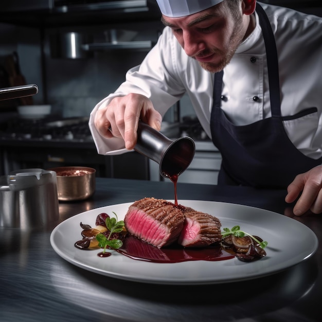 Uno chef sta versando un pezzo di carne su un piatto.